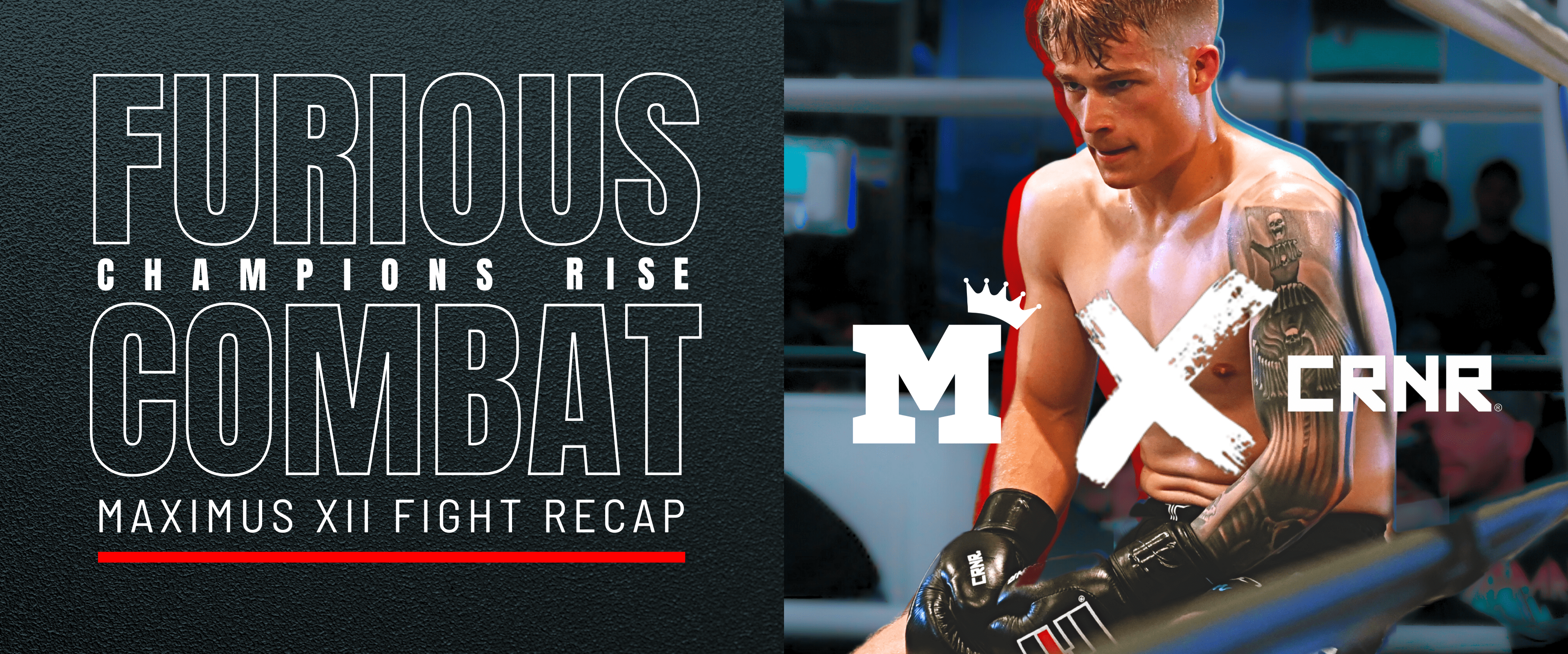 Photo of a Muay Thai athlete wearing Combat Corner Muay Thai gear. The athlete sits in his corner of the ring and prepares to fight in the next round of his Muay Thai match at Maximus Muay Thai Twelve.