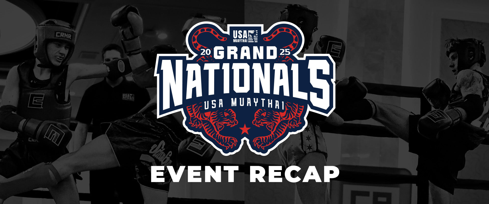 Hero image for Combat Corner's recap article of the 2025 USA Muay Thai Grand Nationals. The photo shows Muay Thai athletes competing at the tournament and using Combat Corner Muay Thai gear.