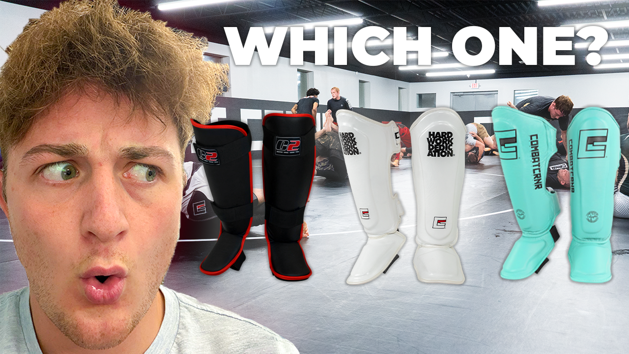 Product guide thumbnail asking "WHICH ONE?" comparing Combat Corner Shin Guards, with a thoughtful man on the left. 