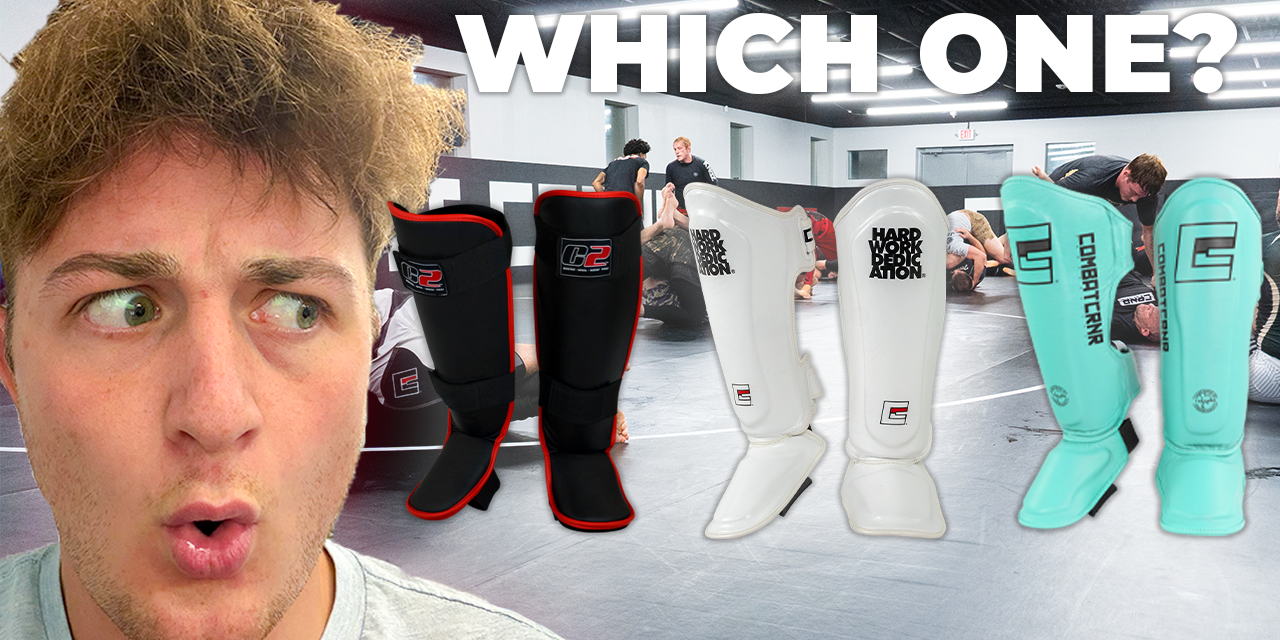 Product guide thumbnail asking "WHICH ONE?" comparing Combat Corner Shin Guards, with a thoughtful man on the left. 