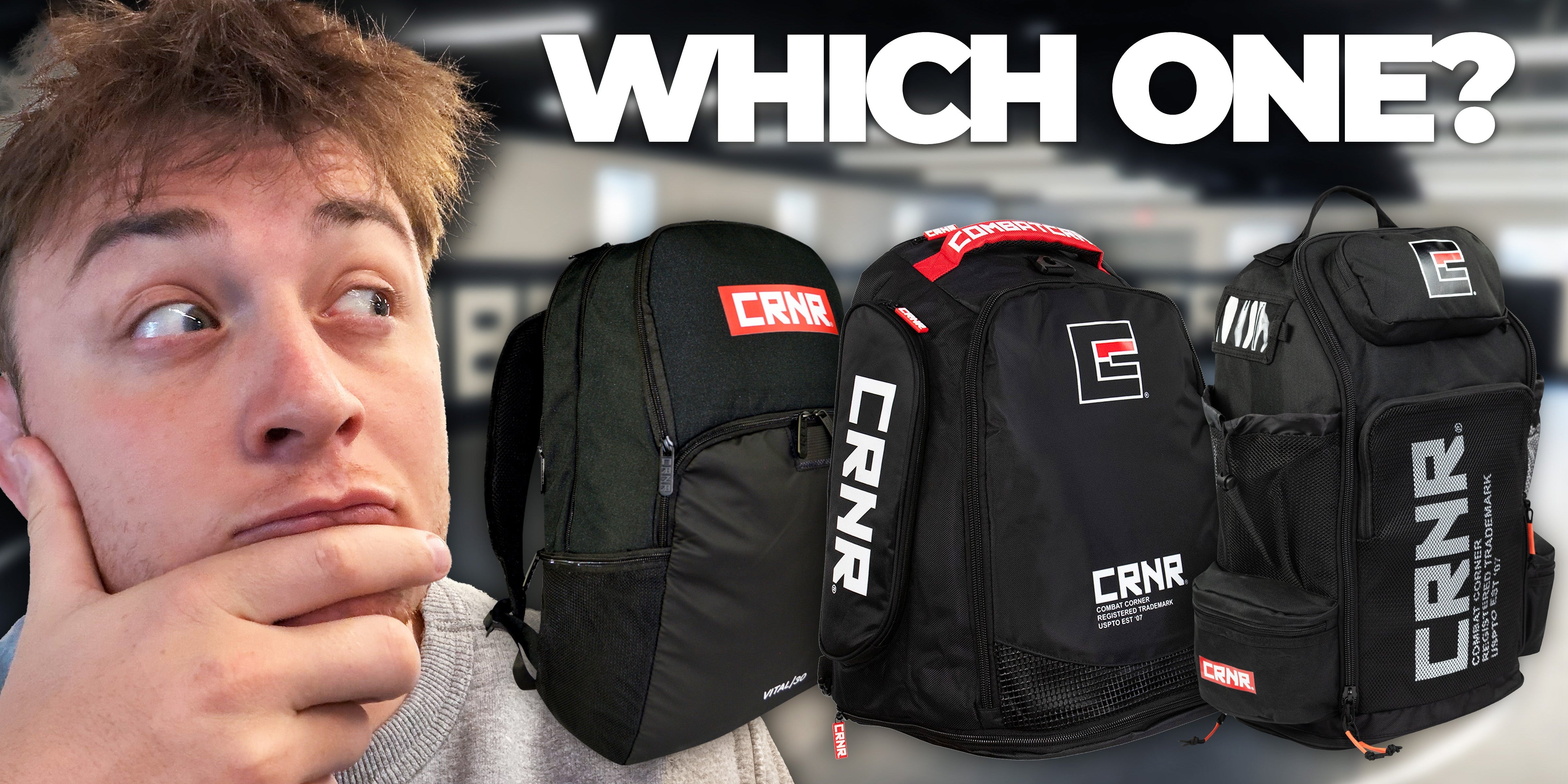 Product guide thumbnail asking "WHICH ONE?" comparing three styles of Combat Corner Gym Bags with a thoughtful man on the left.