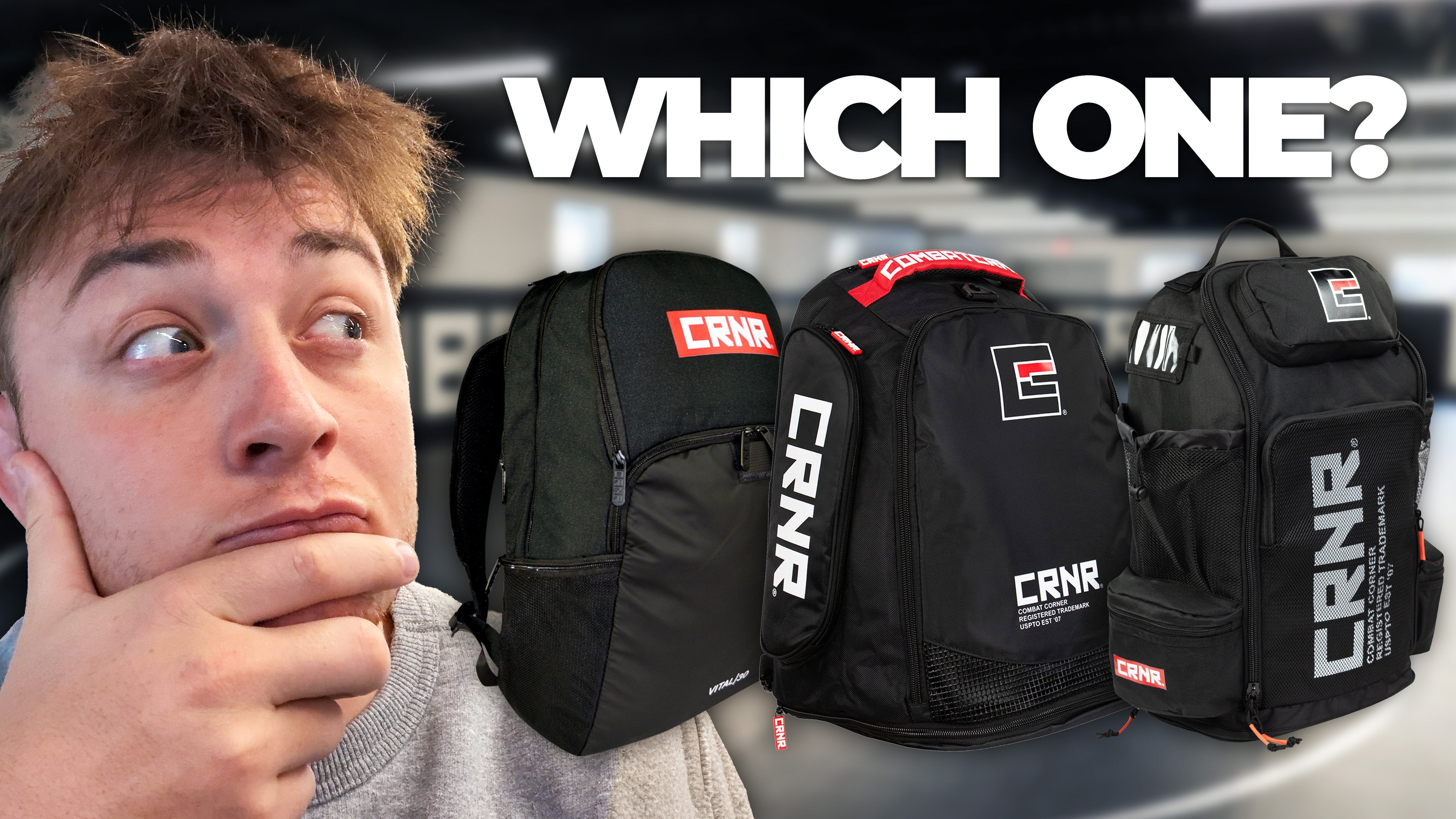 Product guide thumbnail asking "WHICH ONE?" comparing three styles of Combat Corner Gym Bags with a thoughtful man on the left.