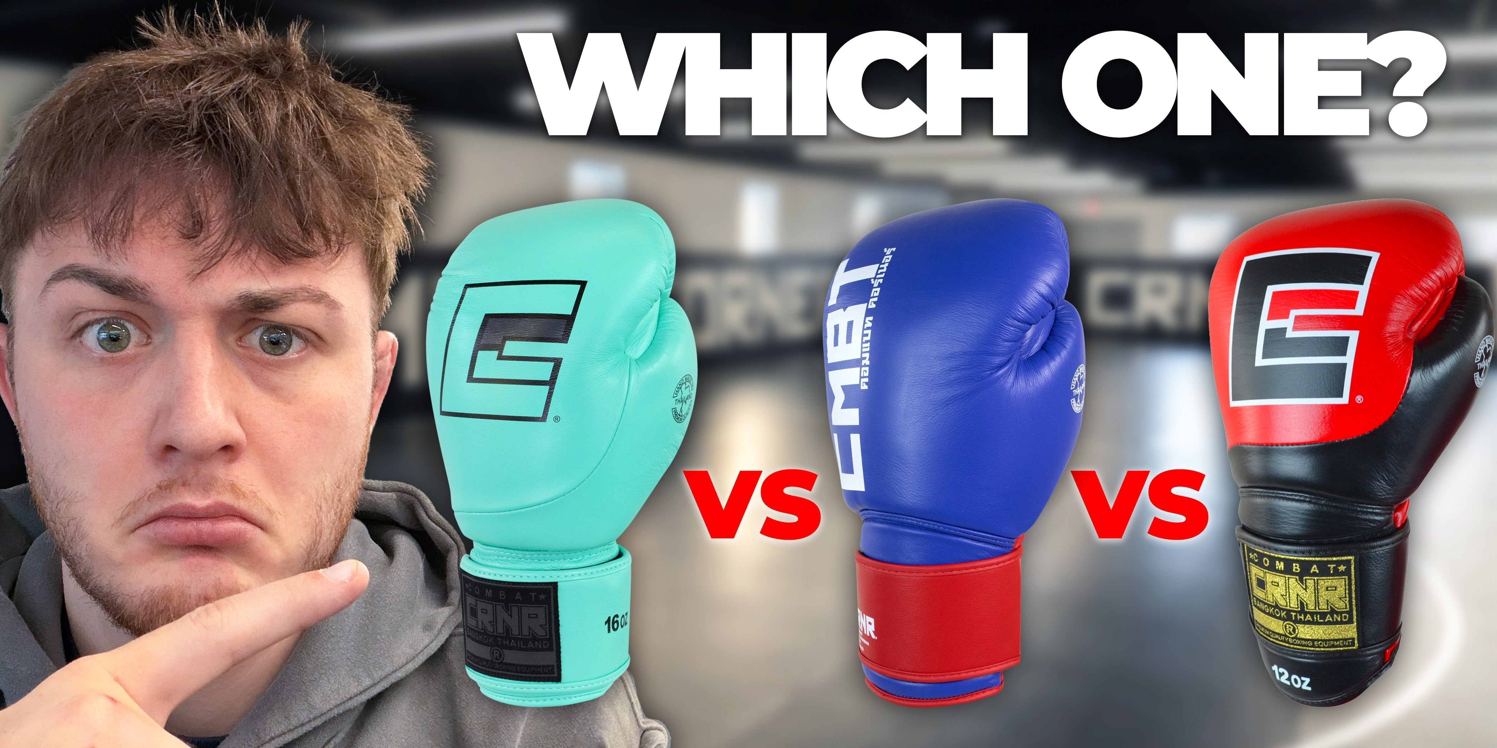 Product guide thumbnail asking "WHICH ONE?" comparing three Combat Corner HMIT boxing gloves in mint green, blue, and red with black accents.