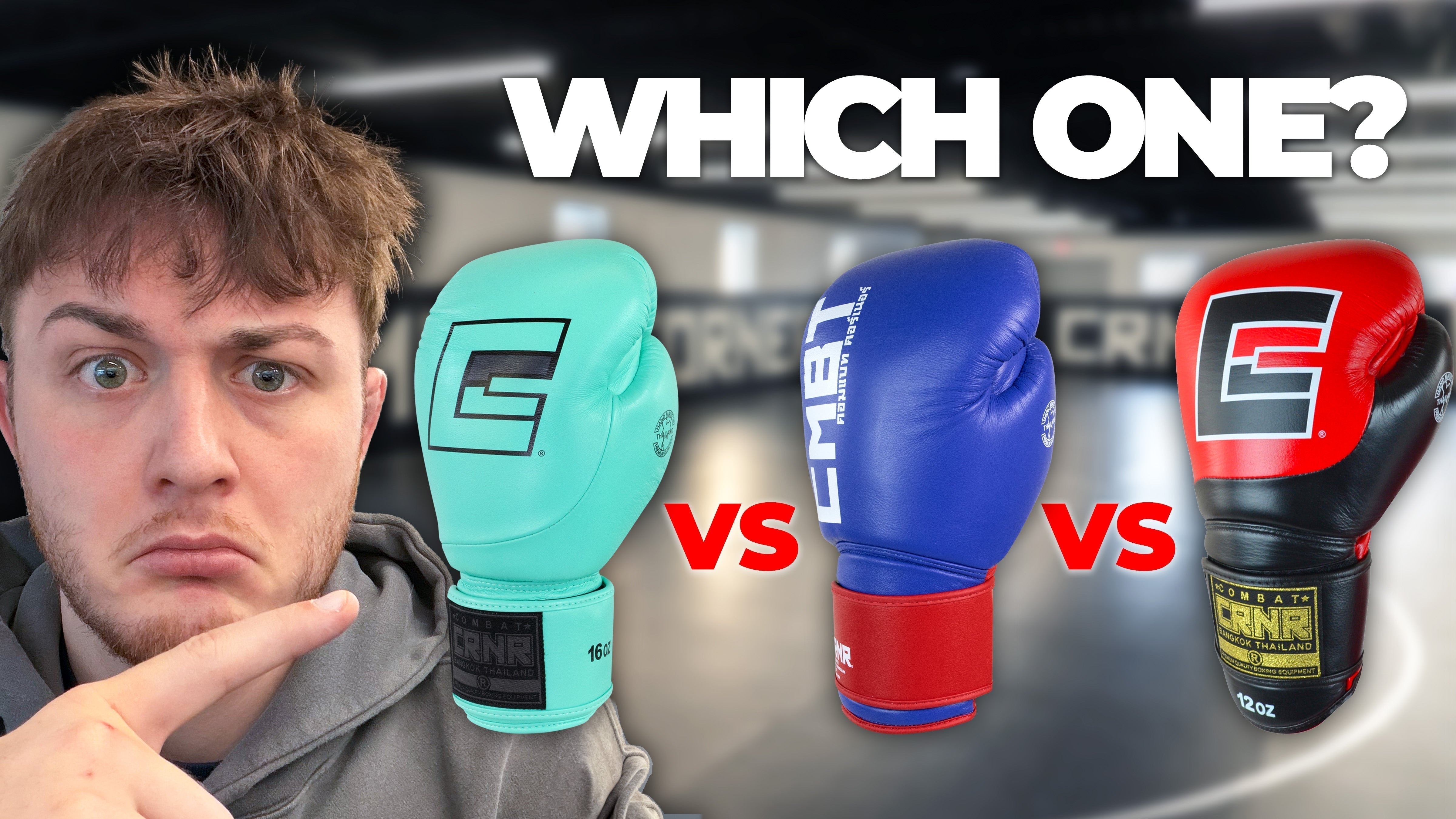 Product guide thumbnail asking "WHICH ONE?" comparing three Combat Corner HMIT boxing gloves in mint green, blue, and red with black accents.