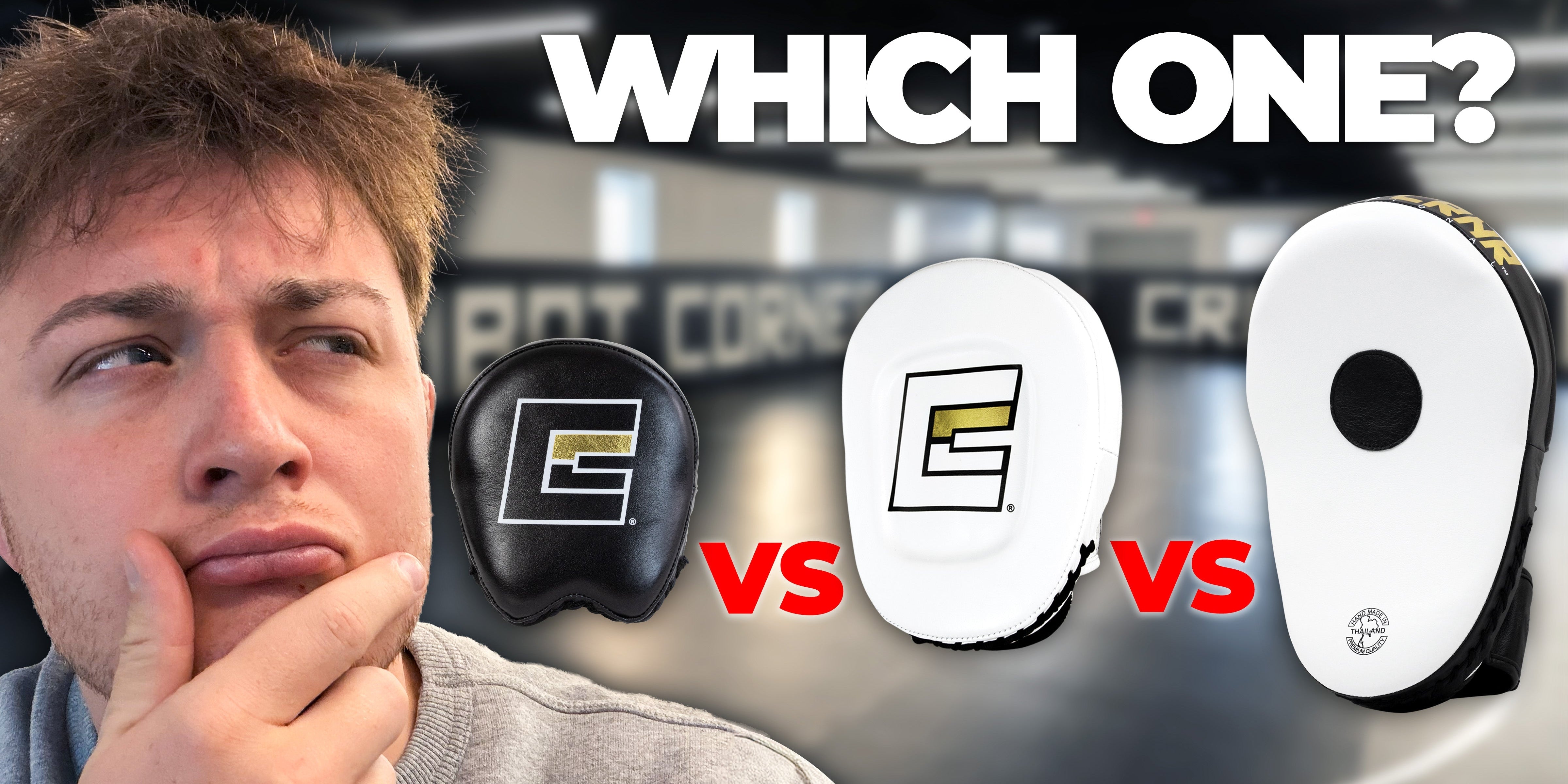 Product guide thumbnail asking "WHICH ONE?" comparing three styles of Combat Corner punch mitts with a thoughtful man on the left.