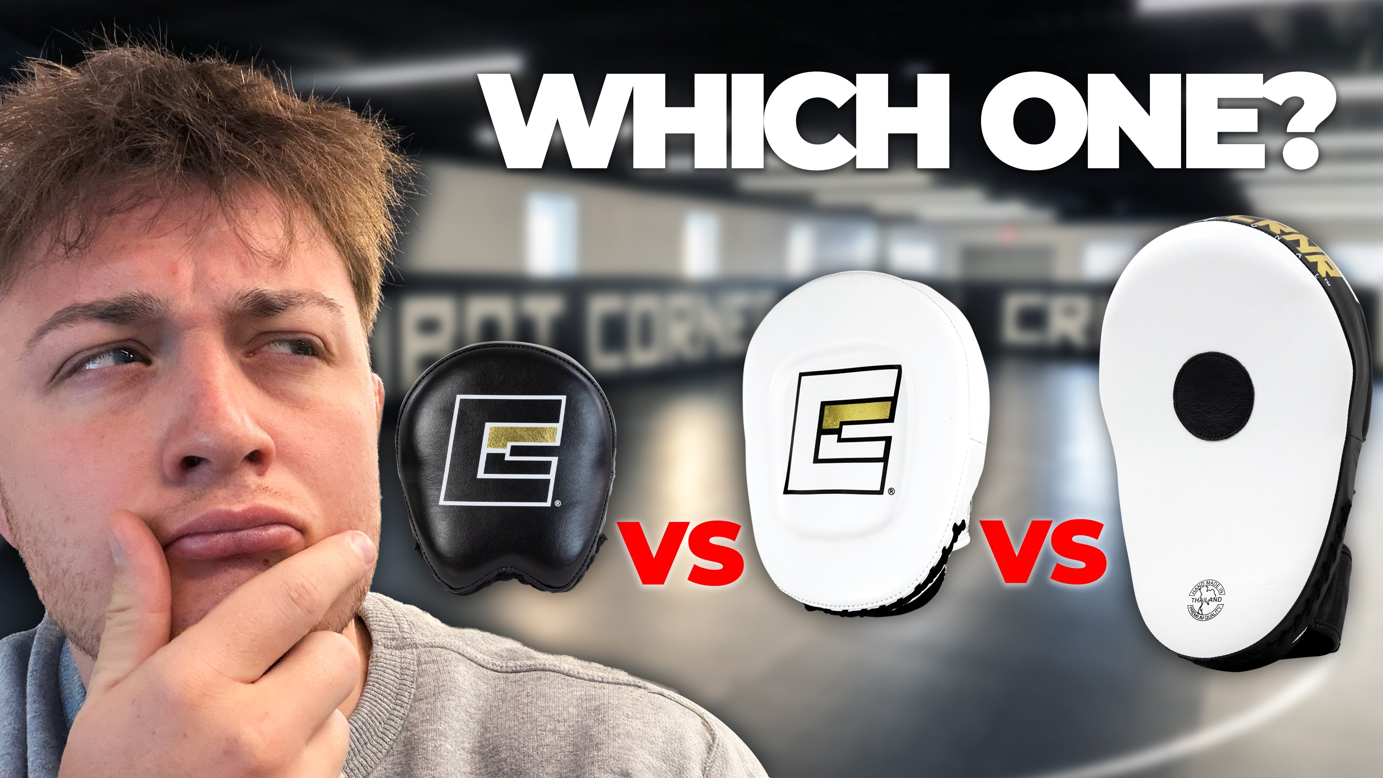Product guide thumbnail asking "WHICH ONE?" comparing three styles of Combat Corner punch mitts with a thoughtful man on the left.