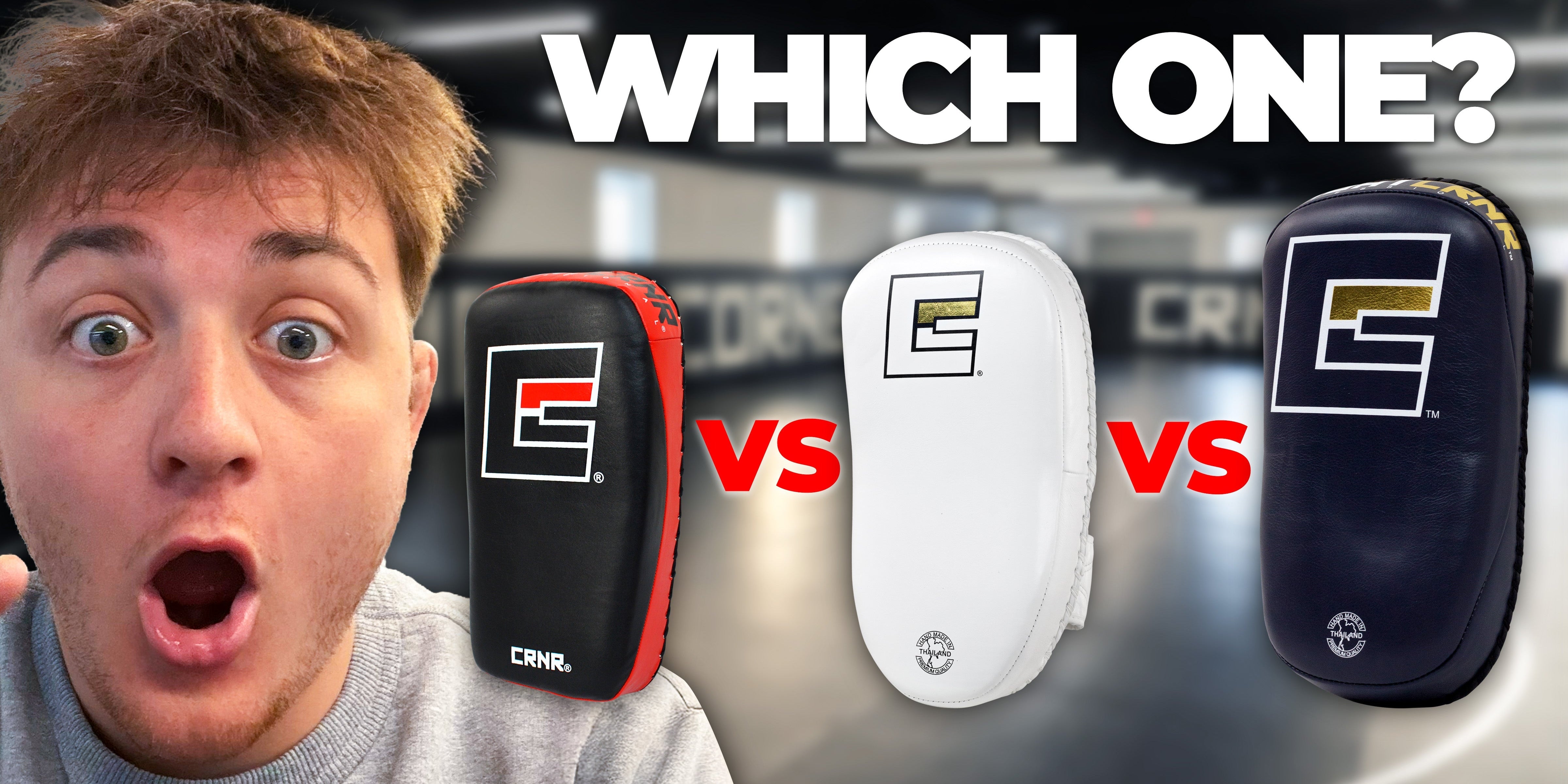 Product guide thumbnail asking "WHICH ONE?" comparing three styles of Combat Corner Thai Pads with a thoughtful man on the left.