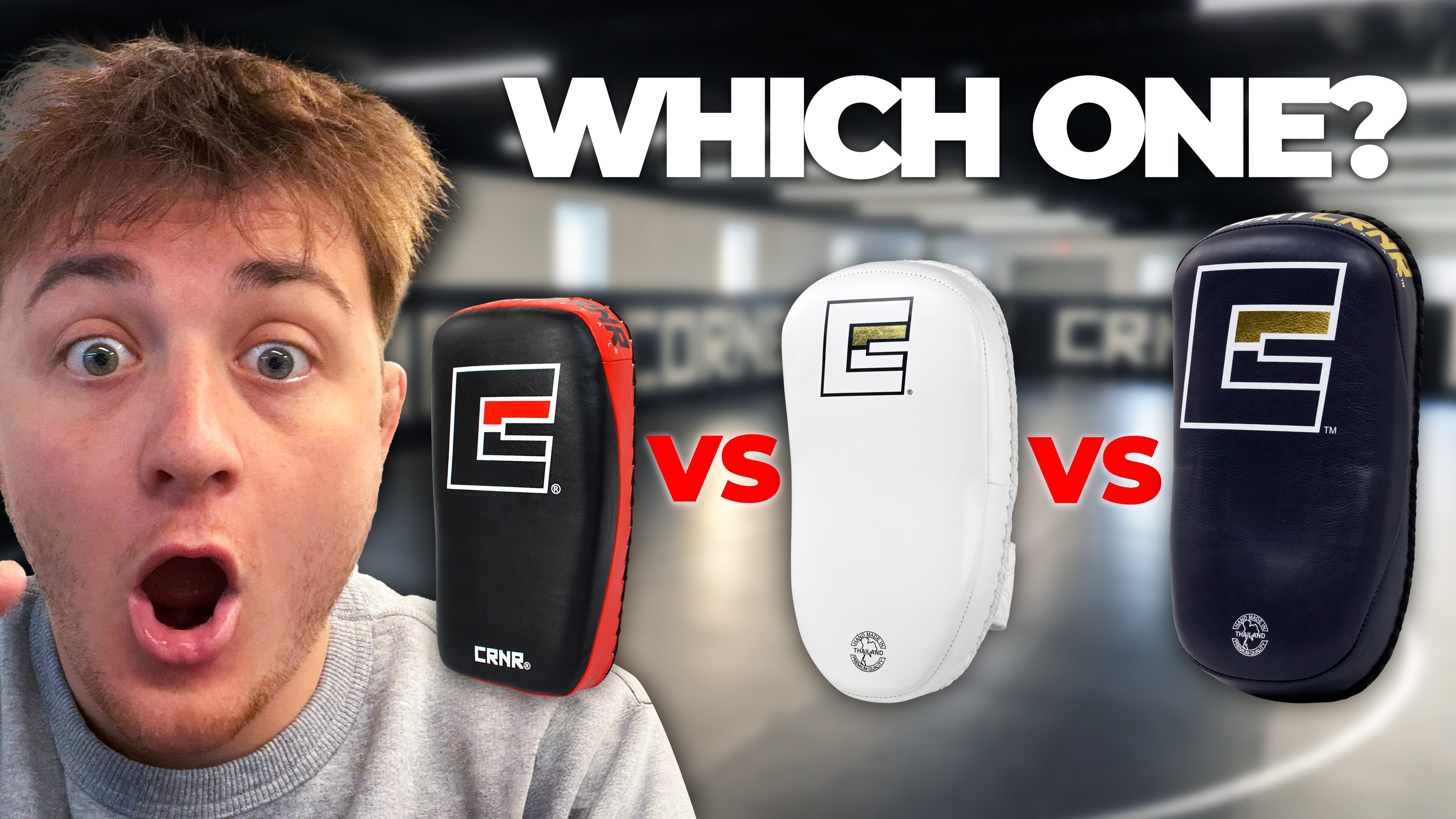 Product guide thumbnail asking "WHICH ONE?" comparing three styles of Combat Corner Thai Pads with a thoughtful man on the left.