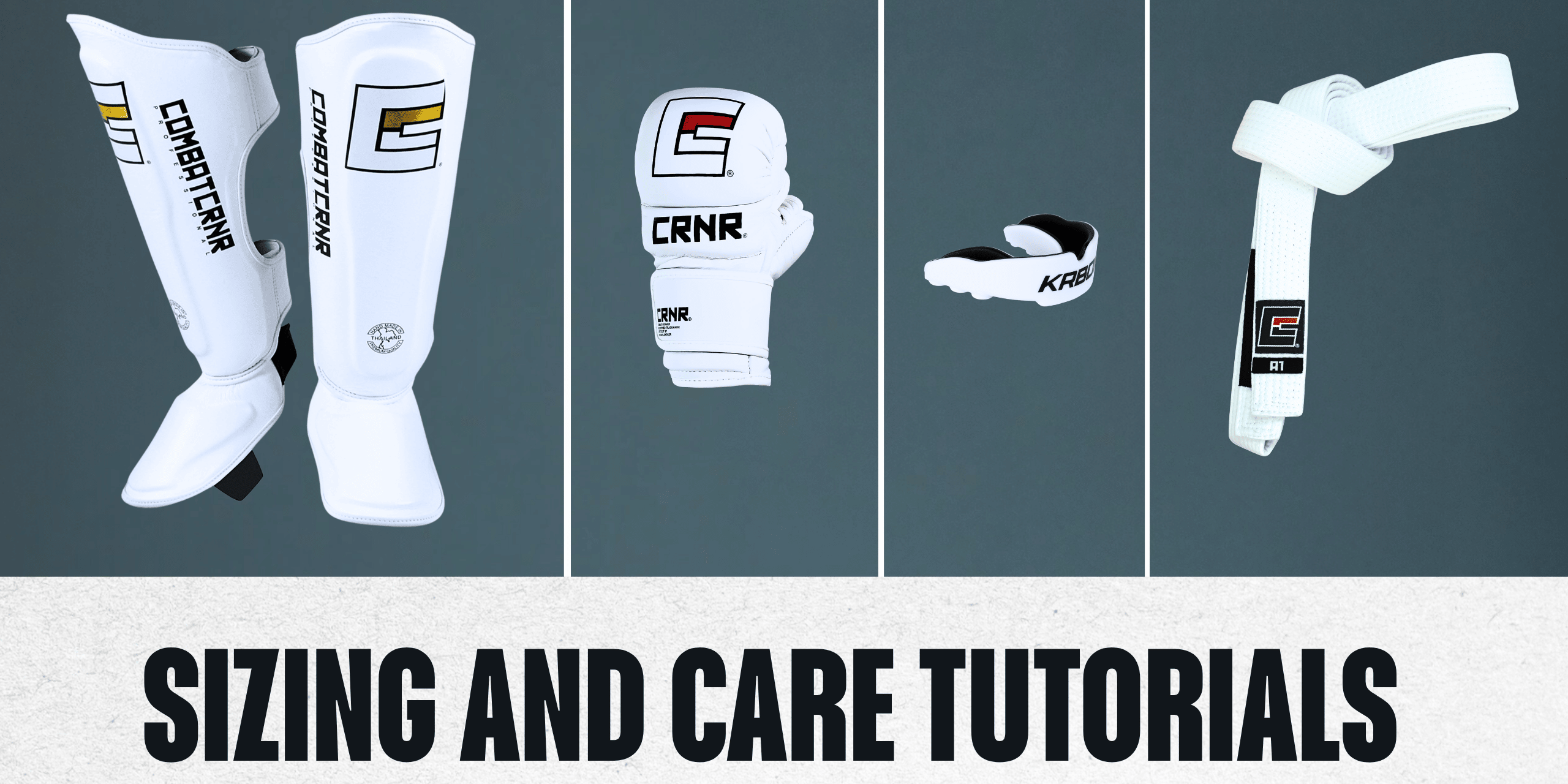 Article cover graphic reading "SIZING AND CARE TUTORIALS" displaying white Combat Corner gear including HMIT Shin Guards, a Prime MMA Glove, KRBON Mouthguard, and a Jiu Jitsu belt.