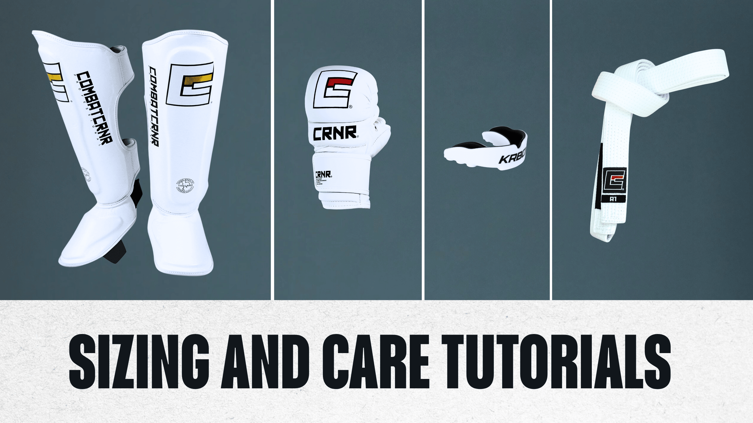 Article cover graphic reading "SIZING AND CARE TUTORIALS" displaying white Combat Corner gear including HMIT Shin Guards, a Prime MMA Glove, KRBON Mouthguard, and a Jiu Jitsu belt.