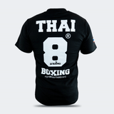 Back view of the 8 Thai Boxing T-Shirt solid black short-sleeve crewneck t-shirt by Combat Corner, featuring a bold white block number "8" printed full size on the back.
