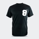 Front view of the 8 Thai Boxing T-Shirt solid black short-sleeve crewneck t-shirt by Combat Corner, featuring a bold white block number "8" printed on the left chest.