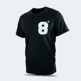 Left front view of the 8 Thai Boxing T-Shirt solid black short-sleeve crewneck t-shirt by Combat Corner, featuring a bold white block number "8" printed on the left chest.