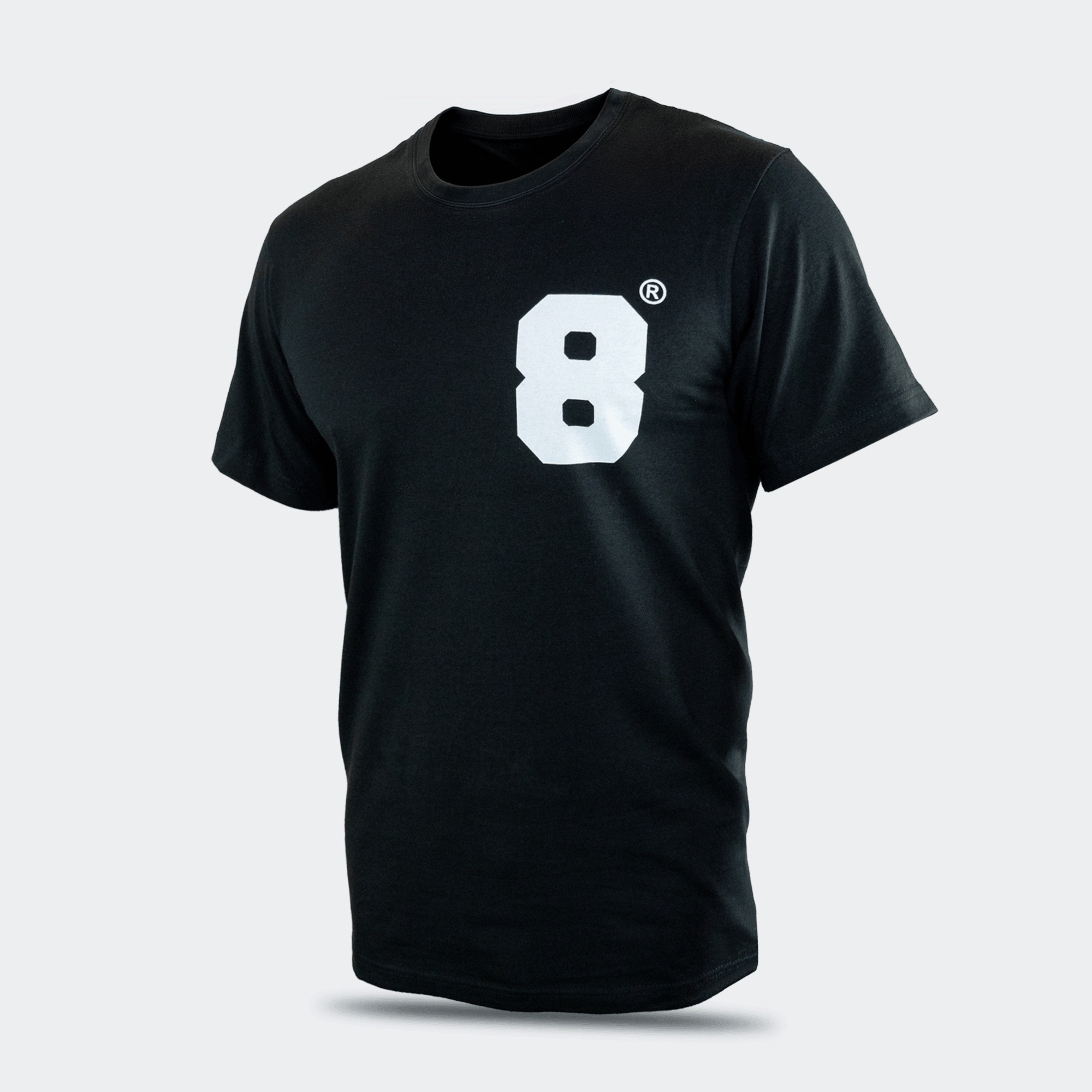 Left front view of the 8 Thai Boxing T-Shirt solid black short-sleeve crewneck t-shirt by Combat Corner, featuring a bold white block number "8" printed on the left chest.