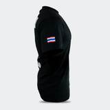 Right side view of the 8 Thai Boxing T-Shirt solid black short-sleeve crewneck t-shirt by Combat Corner, featuring a Thailand flag on the sleeve.