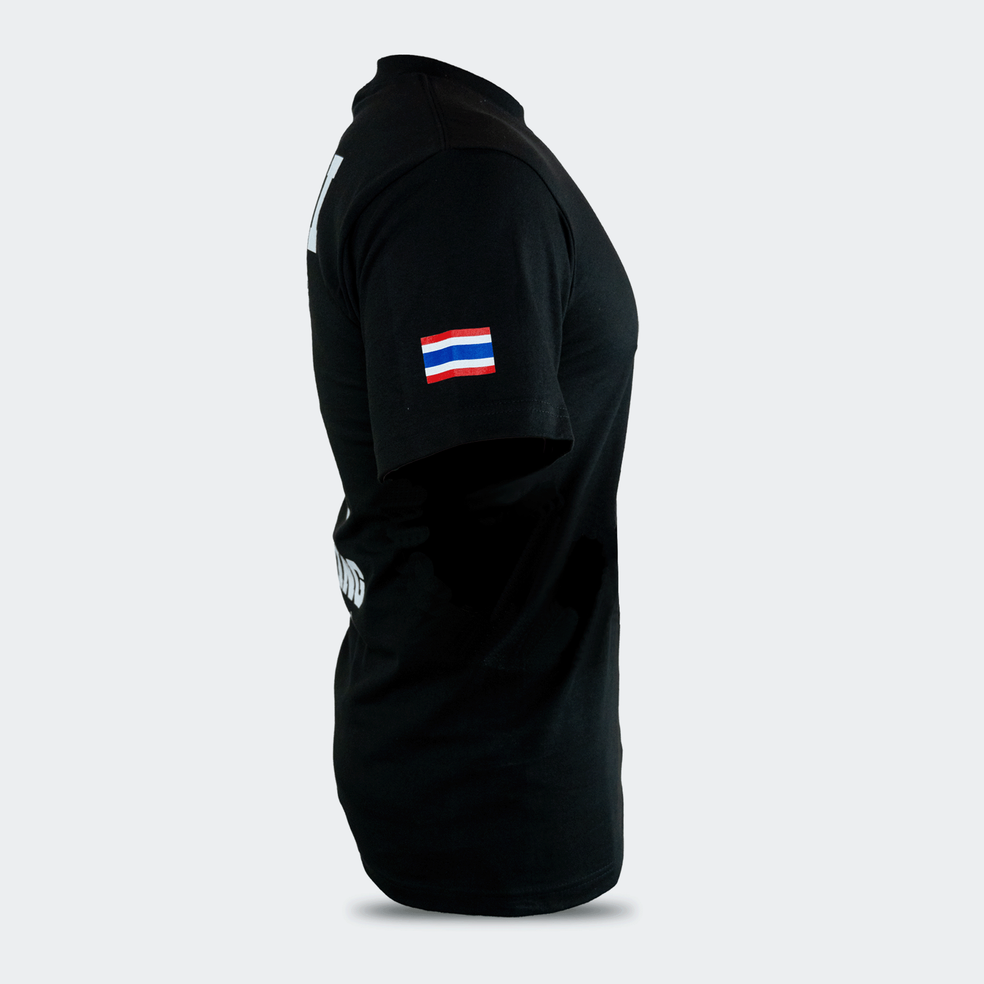 Right side view of the 8 Thai Boxing T-Shirt solid black short-sleeve crewneck t-shirt by Combat Corner, featuring a Thailand flag on the sleeve.
