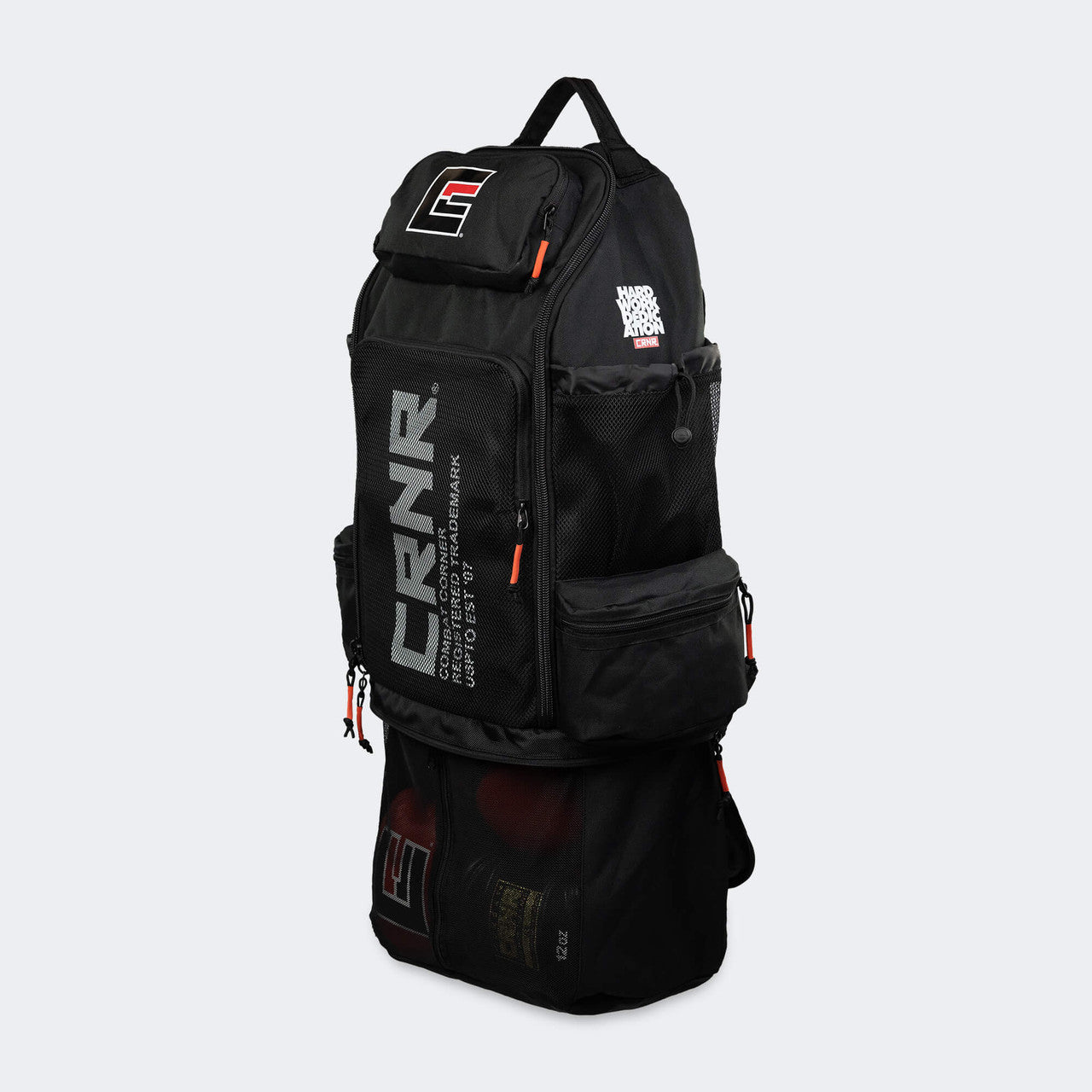 Product photo of the right front angle of the Combat Corner Adapt Gear Bag showing the bag's extended ventilated mesh bag