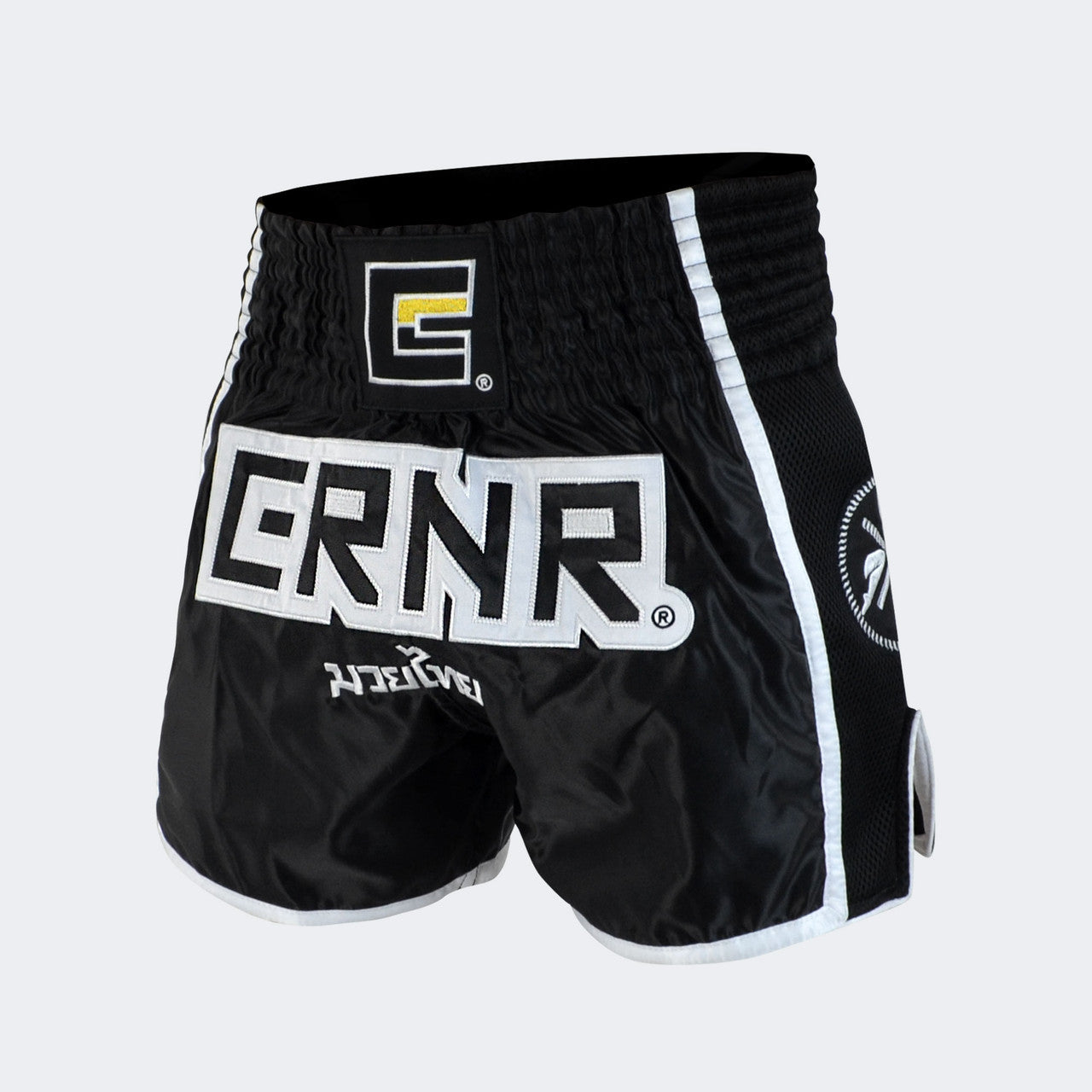 Black Combat Corner Muay Thai Shorts, Thai Shorts, Thai Boxing Shorts, CRNR Muay Thai Shorts, Nak Muay Shorts