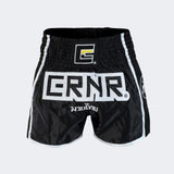 Black Combat Corner Muay Thai Shorts, Thai Shorts, Thai Boxing Shorts, CRNR Muay Thai Shorts, Nak Muay Shorts
