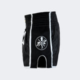 Black Combat Corner Muay Thai Shorts, Thai Shorts, Thai Boxing Shorts, CRNR Muay Thai Shorts, Nak Muay Shorts