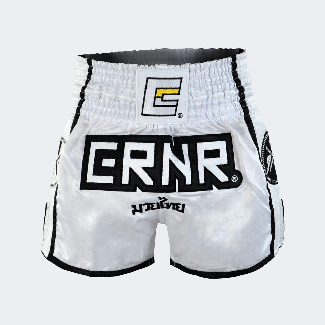 White Combat Corner Muay Thai Shorts, Thai Shorts, Thai Boxing Shorts, CRNR Muay Thai Shorts, Nak Muay Shorts