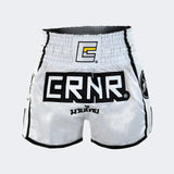 White Combat Corner Muay Thai Shorts, Thai Shorts, Thai Boxing Shorts, CRNR Muay Thai Shorts, Nak Muay Shorts
