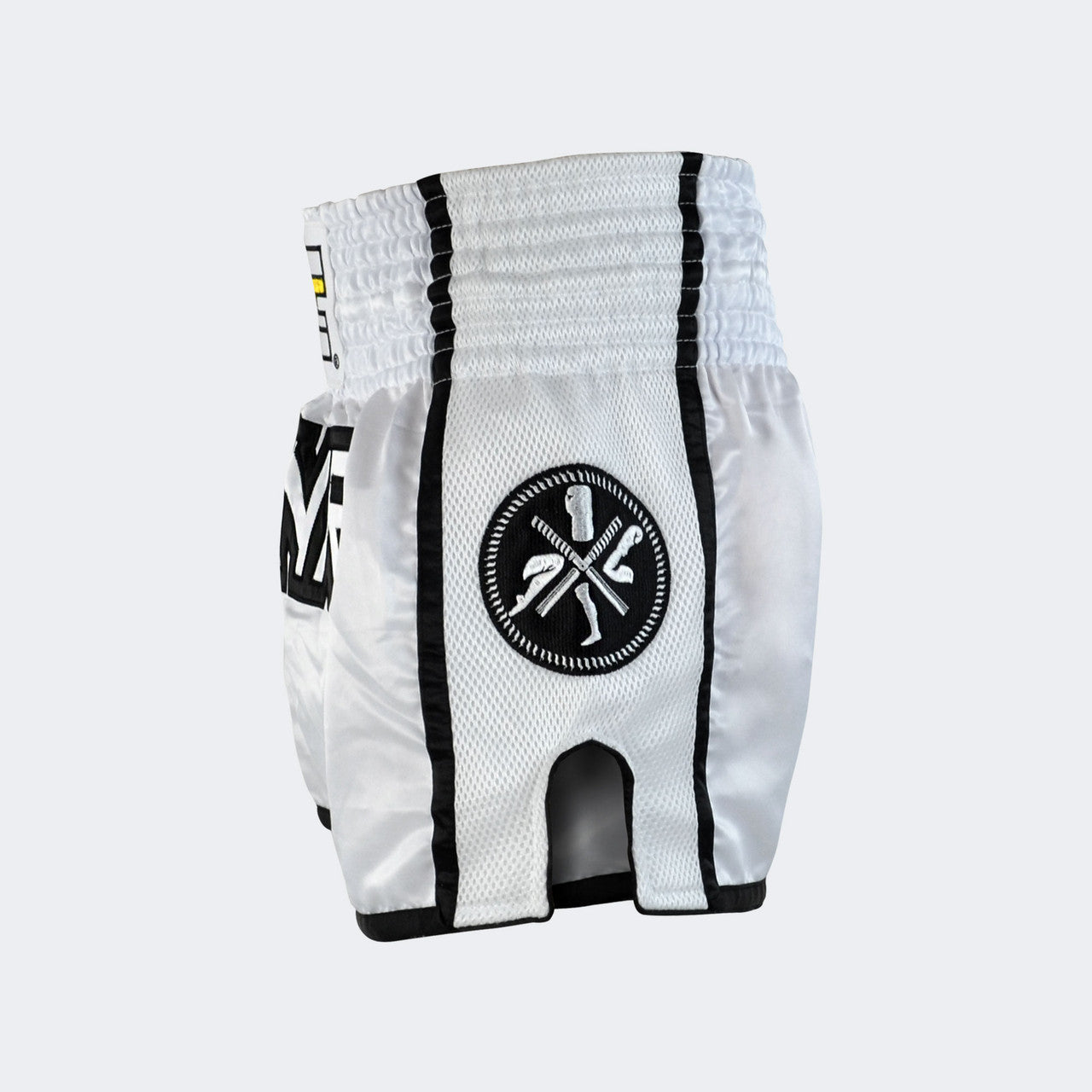White Combat Corner Muay Thai Shorts, Thai Shorts, Thai Boxing Shorts, CRNR Muay Thai Shorts, Nak Muay Shorts