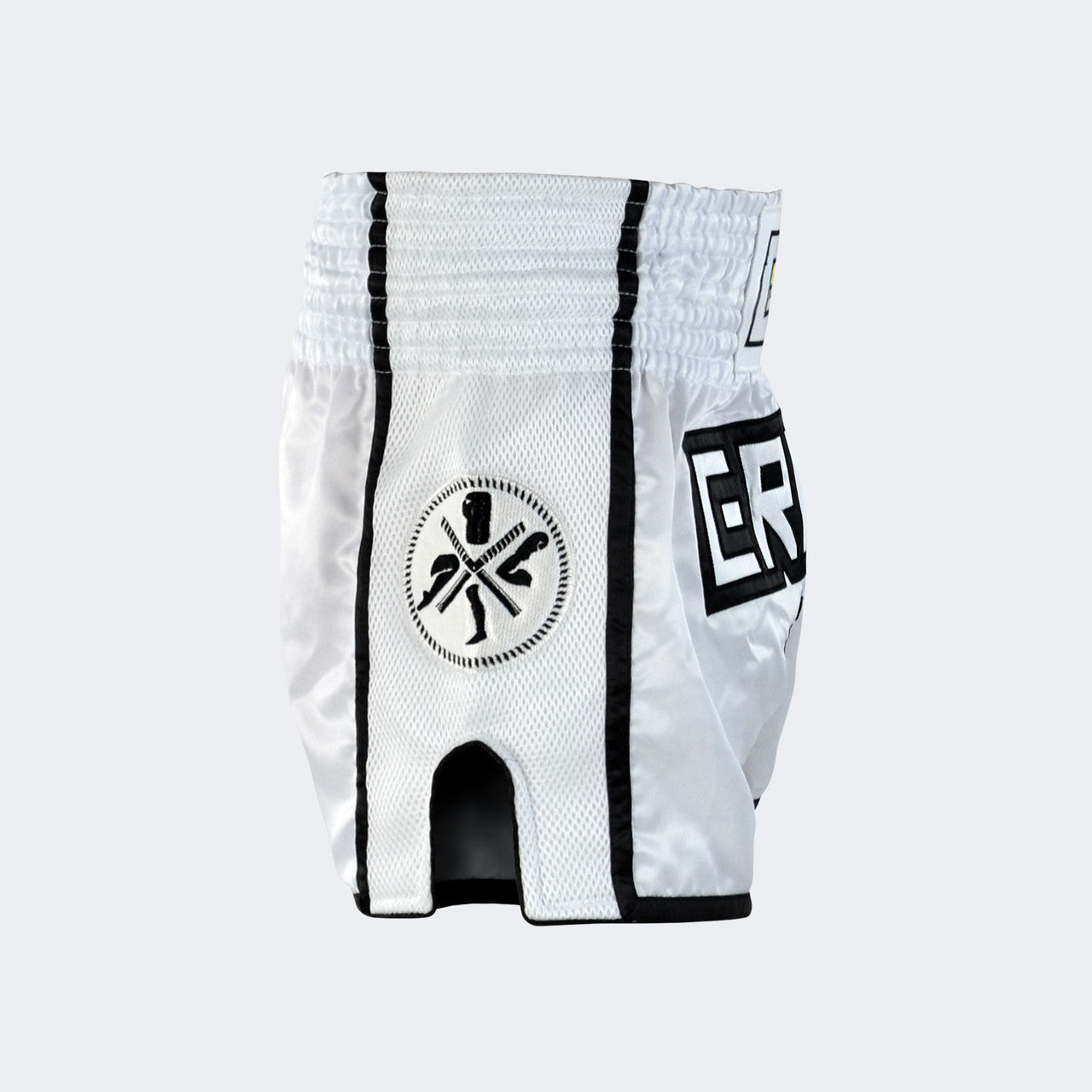 White Combat Corner Muay Thai Shorts, Thai Shorts, Thai Boxing Shorts, CRNR Muay Thai Shorts, Nak Muay Shorts