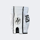 White Combat Corner Muay Thai Shorts, Thai Shorts, Thai Boxing Shorts, CRNR Muay Thai Shorts, Nak Muay Shorts