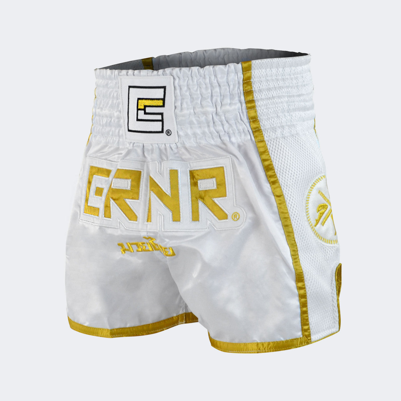 White & Gold Combat Corner Muay Thai Shorts, Thai Shorts, Thai Boxing Shorts, CRNR Muay Thai Shorts, Nak Muay Shorts