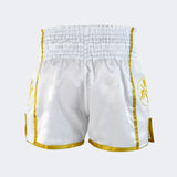 White & Gold Combat Corner Muay Thai Shorts, Thai Shorts, Thai Boxing Shorts, CRNR Muay Thai Shorts, Nak Muay Shorts