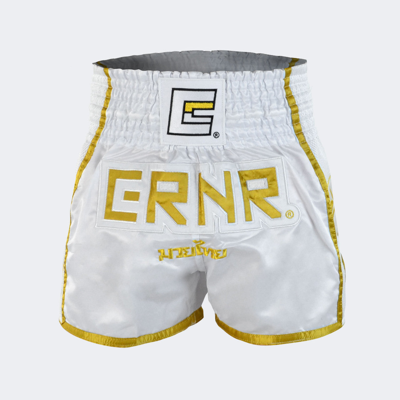 White & Gold Combat Corner Muay Thai Shorts, Thai Shorts, Thai Boxing Shorts, CRNR Muay Thai Shorts, Nak Muay Shorts