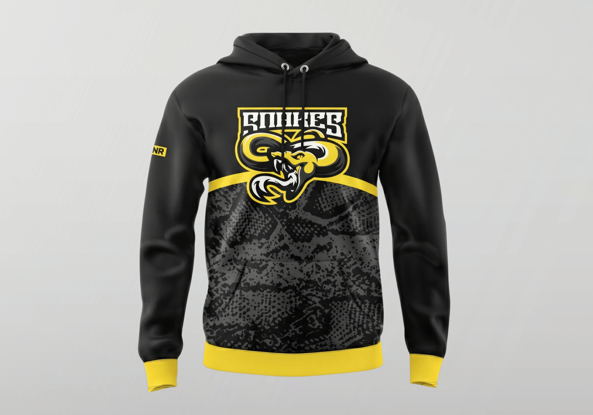 A custom black and yellow team hoodie by Combat Corner, featuring a snakeskin pattern on the lower half and a large "SNAKES" logo on the chest.