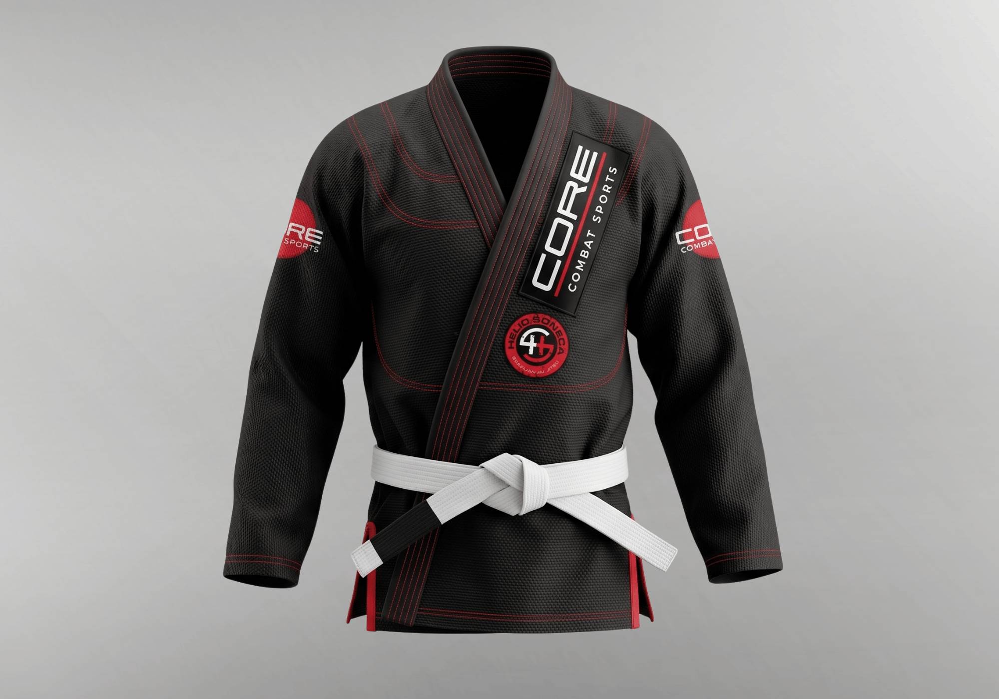 A custom black Brazilian Jiu Jitsu gi jacket by Combat Corner, featuring red contrast stitching, a white belt, and "CORE COMBAT SPORTS" team patches.