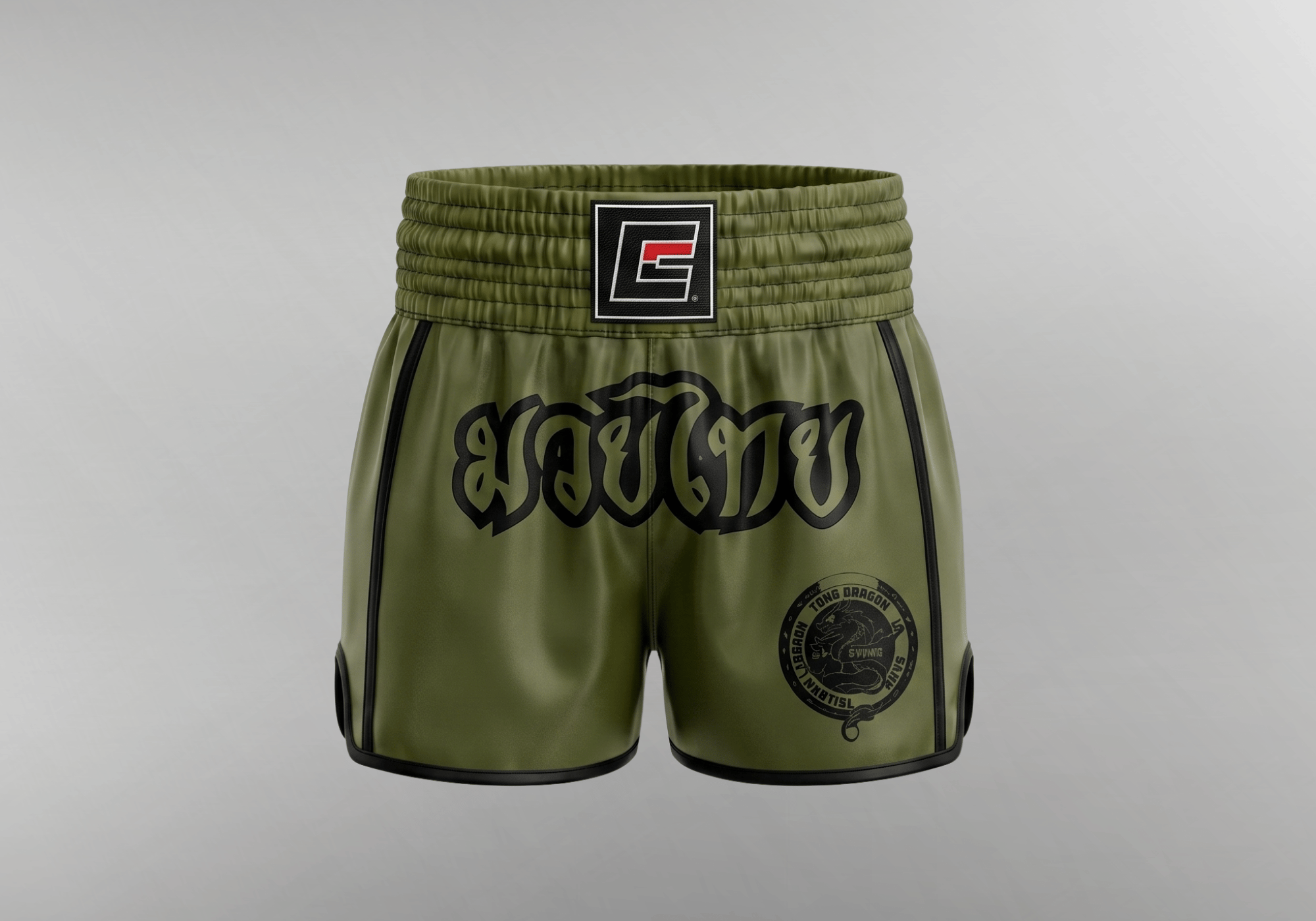 A pair of custom olive green Muay Thai shorts by Combat Corner, featuring a thick traditional waistband, dark green Thai script on the front, and a circular dragon logo on the left leg.