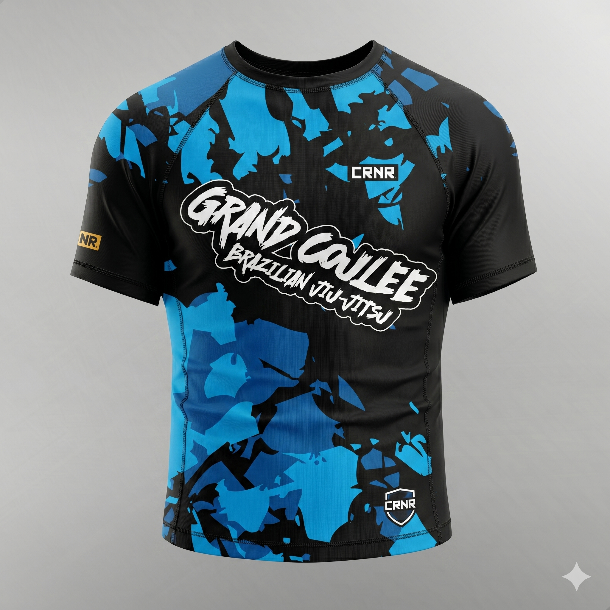 A custom blue and black short-sleeve rash guard by Combat Corner, featuring a stylized camo pattern and "Grand Cojlee Brazilian Jiu-Jitsu" team logo and branding across the chest.