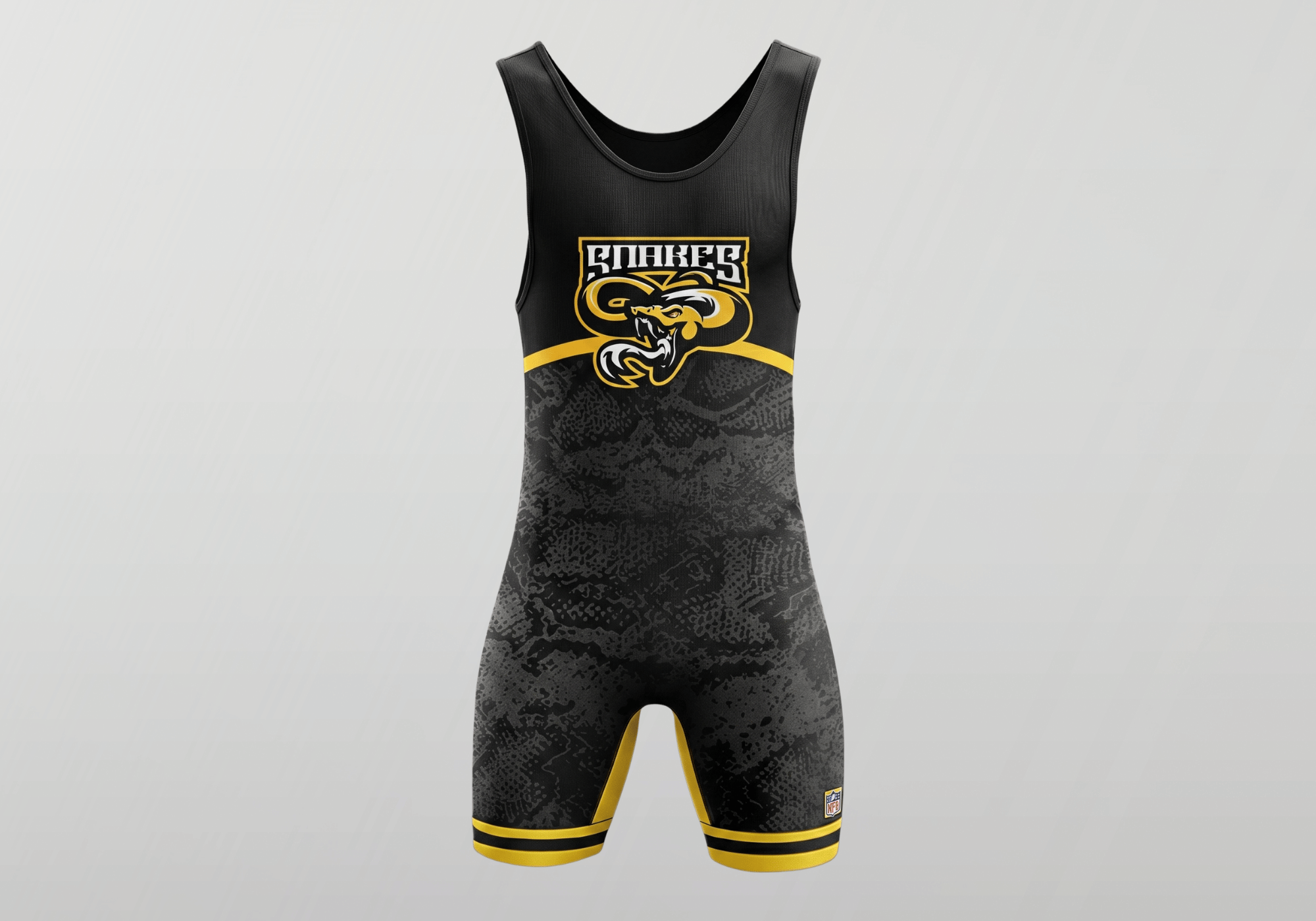 A custom black and yellow wrestling singlet by Combat Corner, featuring a stylized "Snakes" team logo over a textured snakeskin pattern on the lower half.