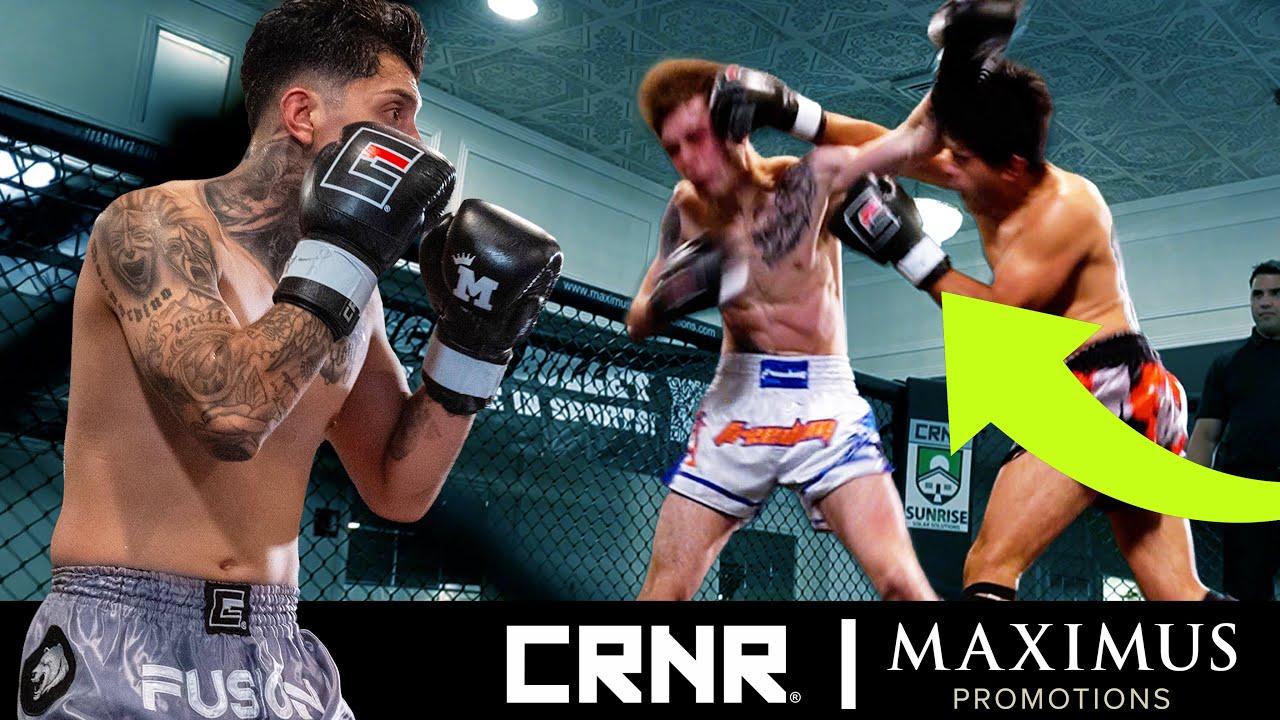 A YouTube thumbnail layout featuring a close-up profile of a tattooed Muay Thai fighter alongside an action shot of a live match in an arena, with a solid black banner displaying the Combat Corner "CRNR" and "Maximus Promotions" logos at the bottom.