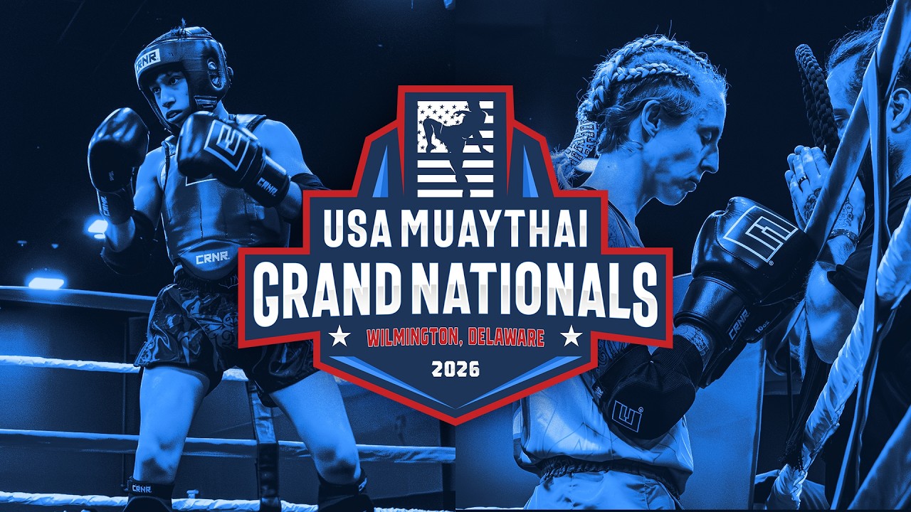 Promotional graphic for the USA Muay Thai Grand Nationals 2026 in Wilmington, Delaware. The blue-toned image shows a young male Muay Thai fighter in the ring and a female Muay Thai fighter with braided hair, both wearing black Combat Corner protective gear and boxing gloves with "CRNR" branding. 