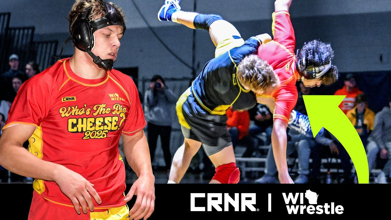 A YouTube thumbnail for a wrestling event featuring a close-up of a wrestler in a red and yellow "Who's The Big Cheese? 2025" shirt alongside an action shot of a high-flying takedown, with the Combat Corner "CRNR" and "WI Wrestle" logos on a black banner at the bottom.