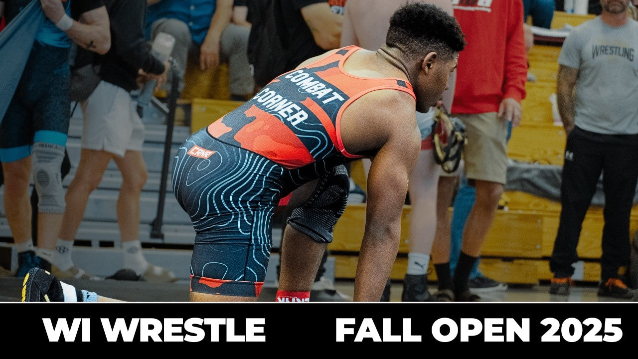 A YouTube thumbnail for the "WI Wrestle Fall Open 2025" event featuring a male wrestler on one knee wearing a custom orange and black Combat Corner wrestling singlet with topographic line patterns.