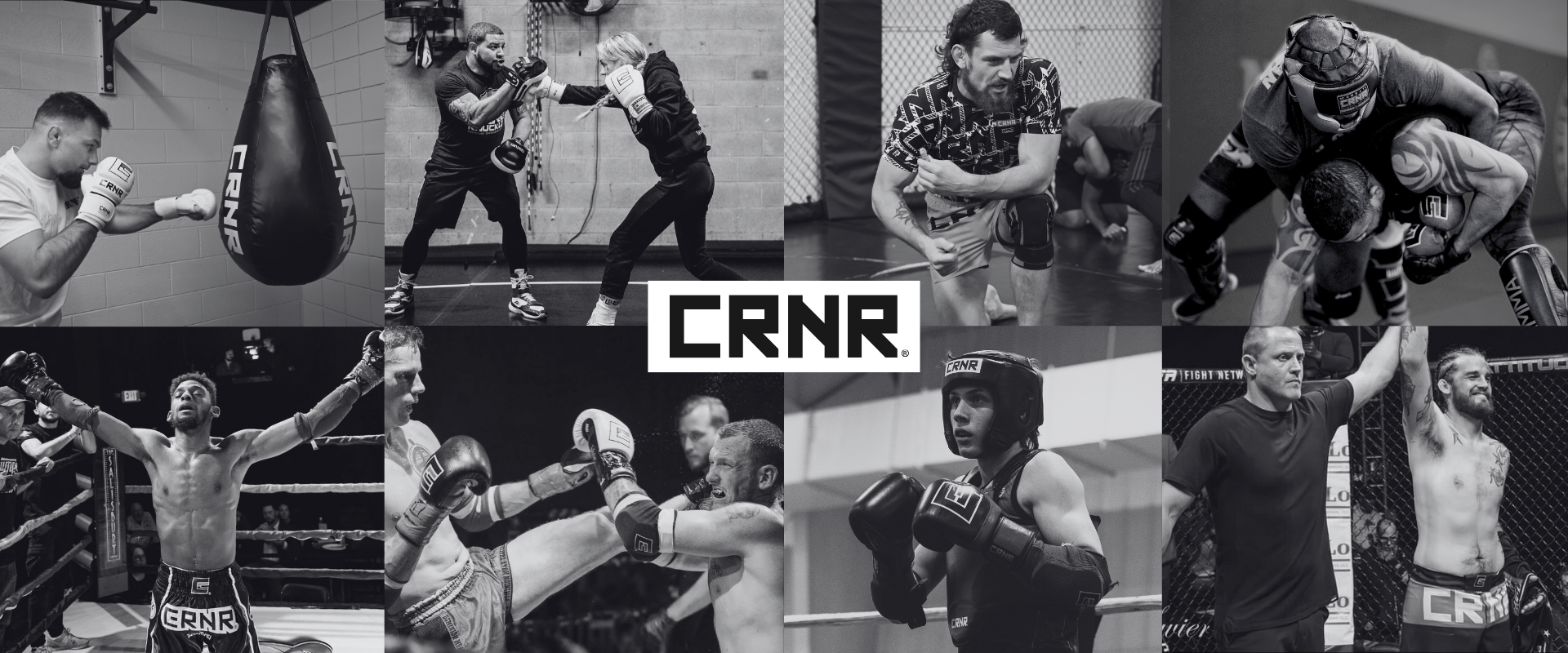 A black and white collage featuring eight different action photos of combat sports athletes training, sparring, and competing, centered around a white square containing the black Combat Corner "CRNR" block logo.