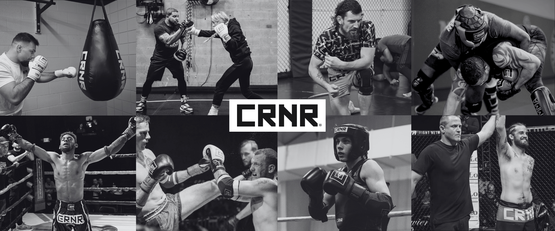 A black and white collage featuring eight different action photos of combat sports athletes training, sparring, and competing, centered around a white square containing the black Combat Corner "CRNR" block logo.