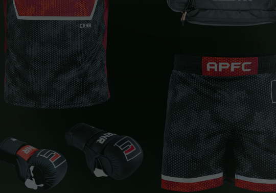 A product display of black combat sports gear from Combat Corner against a dark background, including MMA gloves, rash guards, and gym bags. 