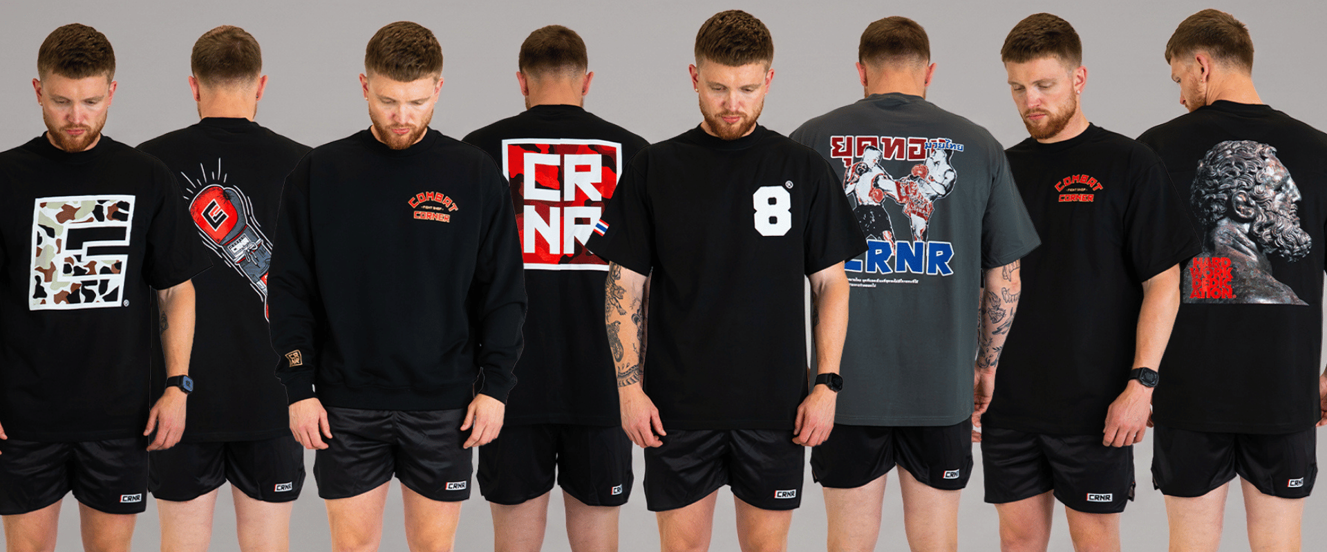 A lineup banner displaying the front and back views of a new custom graphic t-shirt and sweatshirt collection by Combat Corner, modeled against a plain grey studio background.