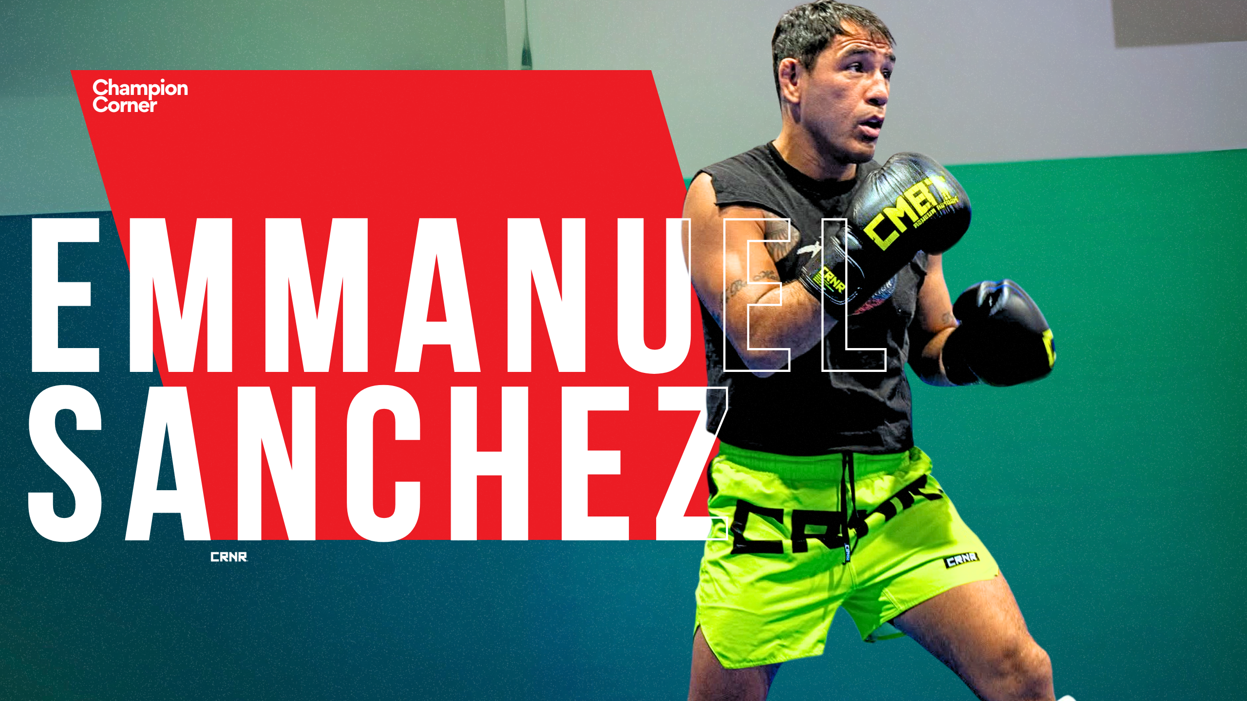 A YouTube interview thumbnail featuring pro fighter Emmanuel Sanchez in a boxing stance wearing Combat Corner Functional Fight Shorts and TrainAir Boxing Gloves, set against a bold red and teal background with his name in large white text. 
