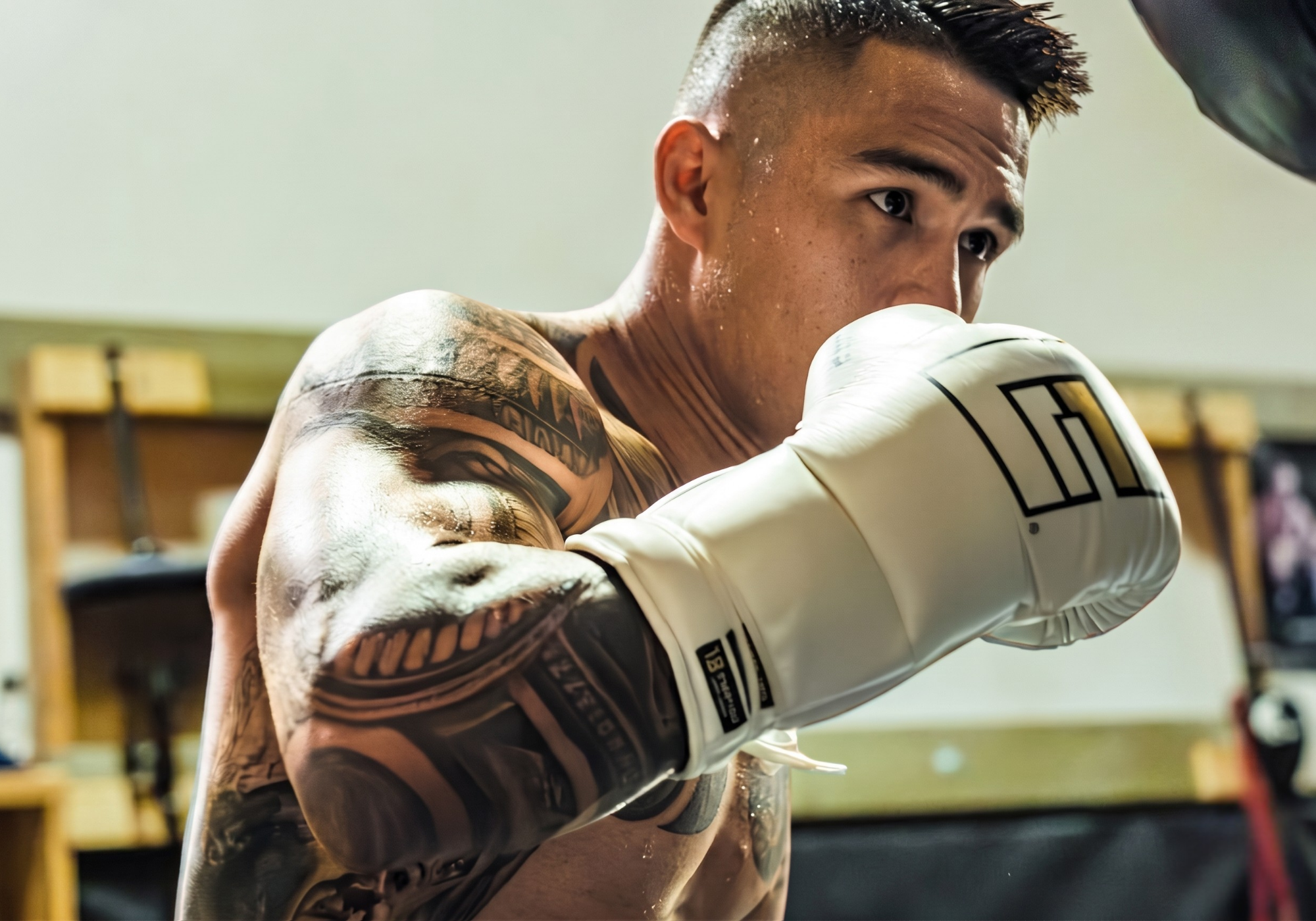 Close-up action shot of a focused, tattooed pro fighter Kai Kamaka training in a gym, keeping his guard up while wearing Combat Corner’s white Punchers Boxing Gloves featuring a black and gold square logo. 