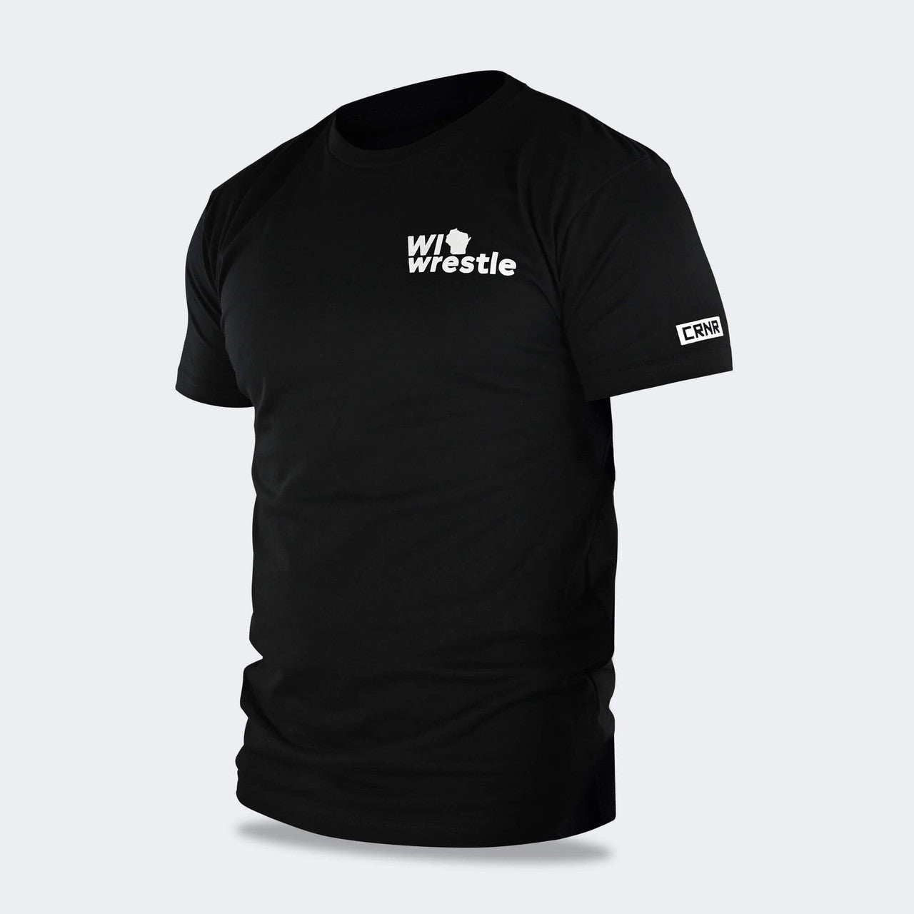 Product photo of Combat Corner’s exclusive WI Wrestle Black Classic Tee. This photo shows the left front angle of Combat Corner’s WI Wrestle Black Classic Tee. This collab Classic Tee is part of Combat Corner’s sponsorship of WI Wrestle, the number one news source and fan center for Wisconsin wrestling.