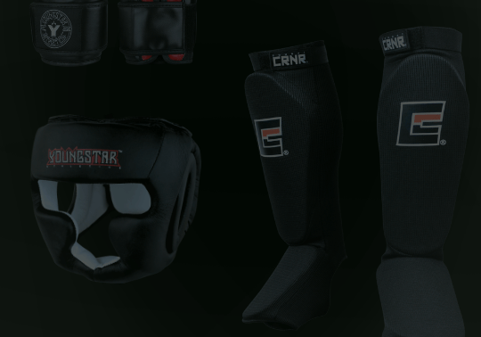 A product display of black kids and youth combat sports gear from Combat Corner against a dark background, including boxing gloves, MMA gloves, shin guards, and headgear. 