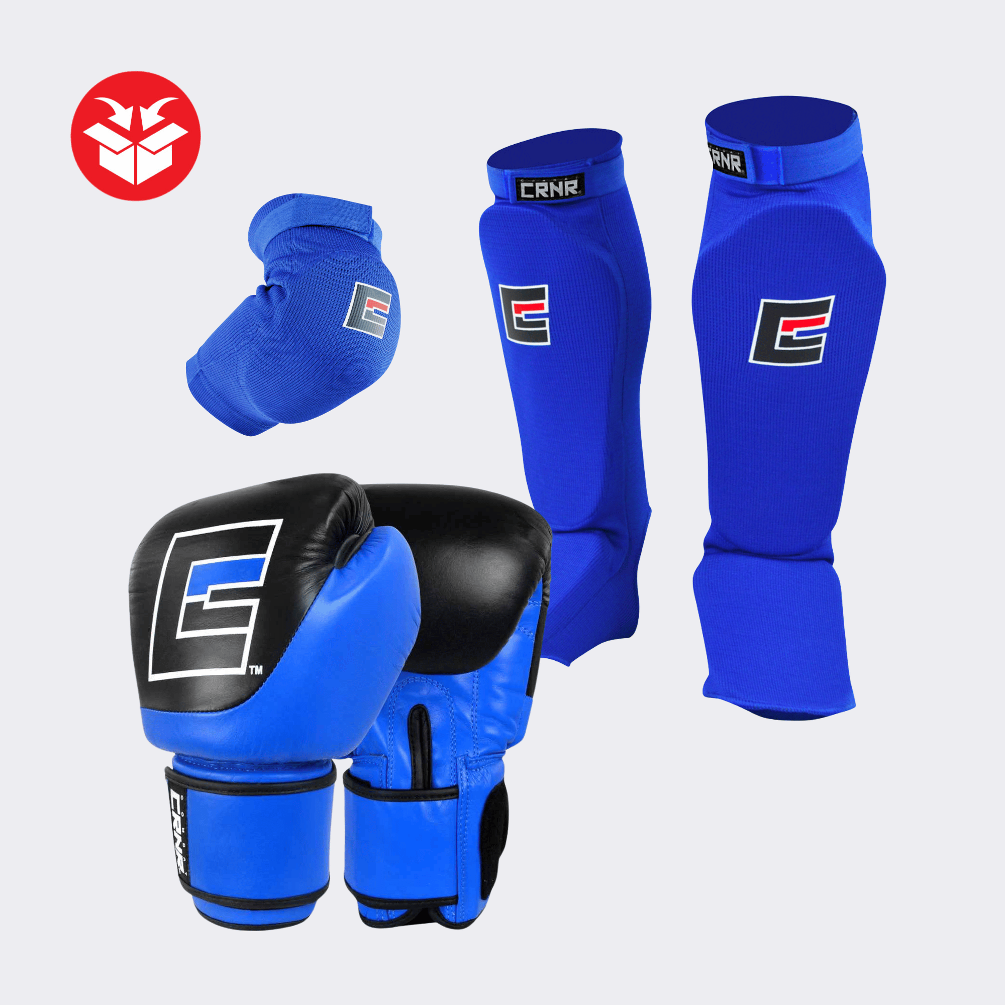 An example product photo of Combat Corner's Muay Thai Fight Kit Bundle featuring Muay Thai Elbow Pads, Slip on Elastic Shin Pads, and Competition Velcro Boxing Gloves